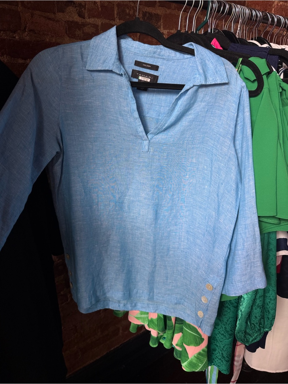 Tahari Sky Blue 100% Linen V-Neck Top
